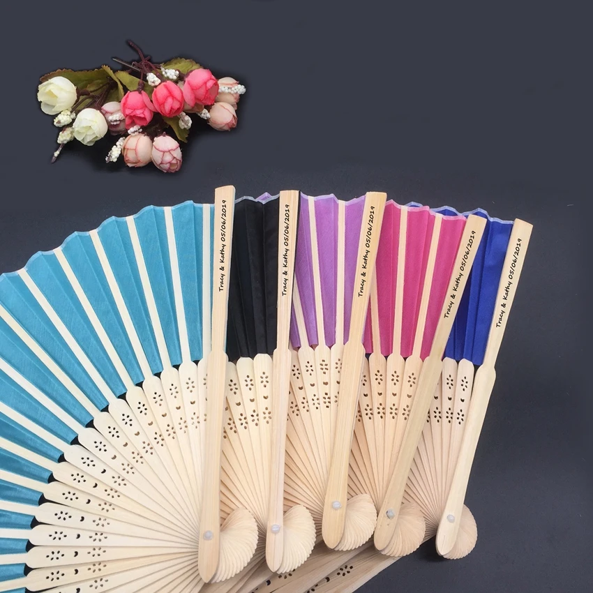 50pcs/lot Personalized Bride& Groom's Name& Date Silk Wedding Folding Hand Fan with Organza Gift Bags / Box Customized Print