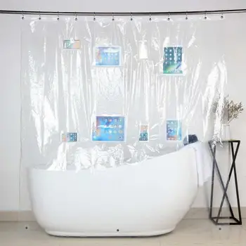 

1pc Eva Transparent Pocket Shower Curtain Thickened Waterproof Phone Tablet Holder Shower Curtain Home Use