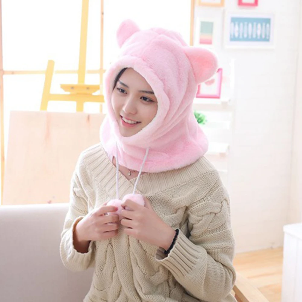 Winter Girl Pompom Warm Scarf Hat Earflap Beanie Hood Cap with Ear Photo Props