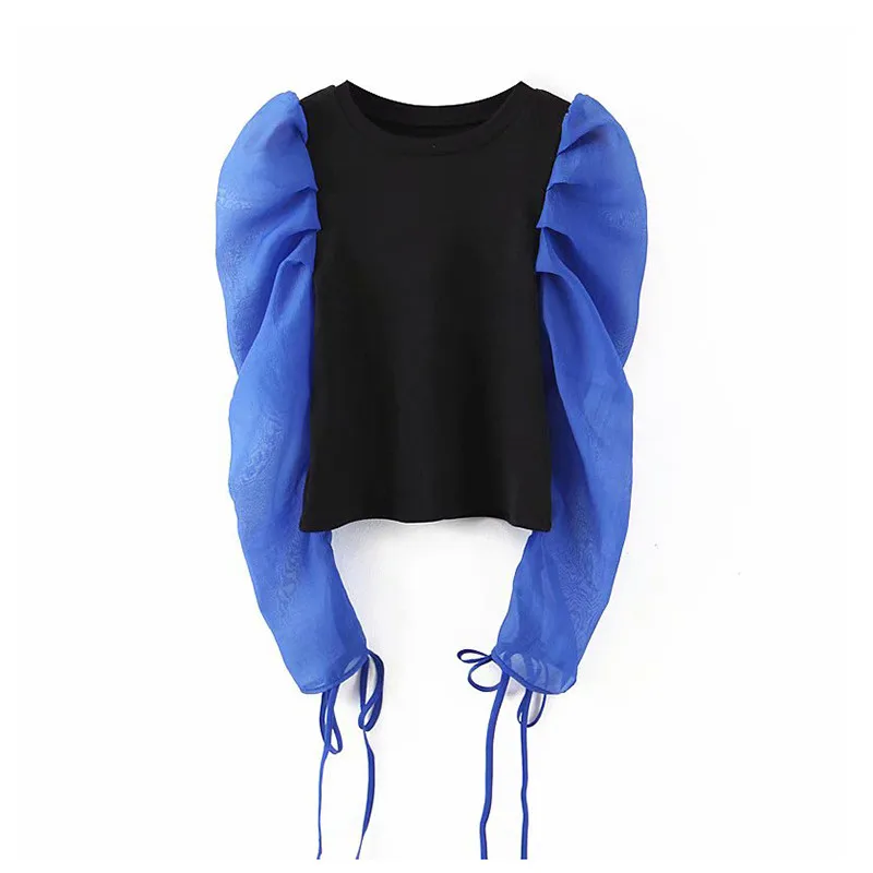 Online Women sweet patchwork blouse O neck long puff sleeve shirt female office wear basic cute tops blusas