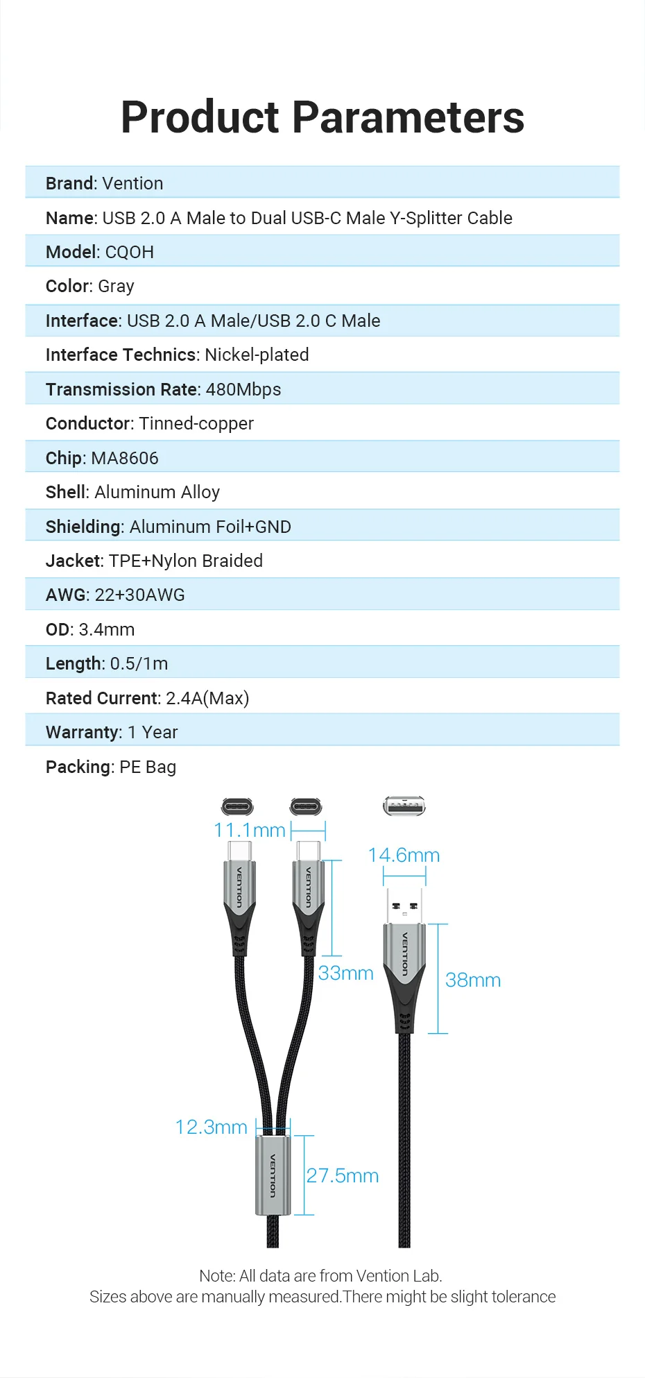 Câble répartiteur en Y USB 2.0 A mâle vers double USB-C mâle 0.5/1M gr