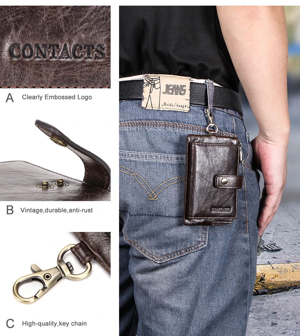 Contact's Genuine Leather Men Key Wallet With Zipper Coin Purse Credit Card Holder Rfid Short Wallet Business Male Car Keychain