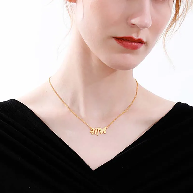 

A-Z Letter Necklace Stainless Steel Goth Choker Vintage Butterflys Pendant Chain Jewelry for Women Best Friends Birthday Gift