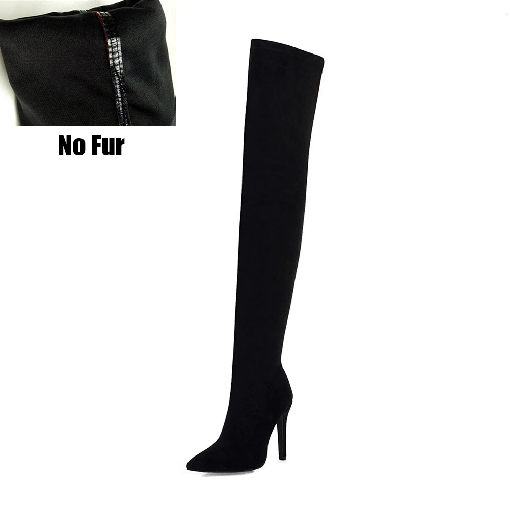 BONJOMARISA/брендовые Сапоги выше колена с острым носком размера плюс 32-48 пикантные женские вечерние сапоги до бедра г. Женская обувь на высоком каблуке - Цвет: black 1 no fur