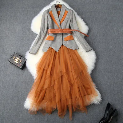 Дизайнерский осенне-зимний костюм женская элегантная клетчатая блейзер с поясом и асимметричной фатиновой юбкой офисная одежда из 2 предметов - Цвет: Оранжевый