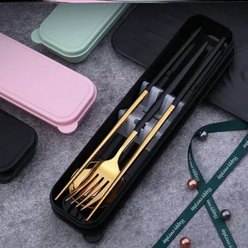

Japanese Korean Style Stainless Steel Portable Flatware-Chopstick Spoon Set with Organizer Box For Student Office Travel Cutlery