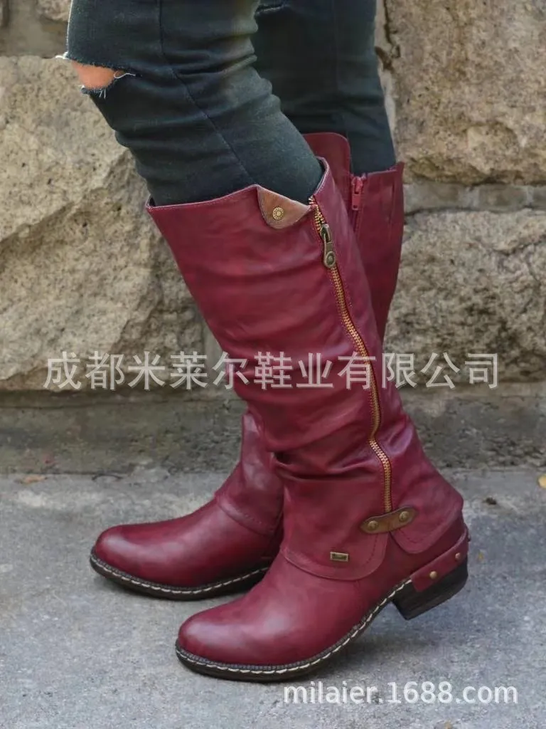 

2019 Summer Women's round-Toe Casual WOMEN'S Leather Boots Side Zipper Martin Boots Semi-high Heeled WOMEN'S Shoes