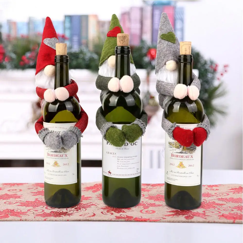 OurWarm Christmas Wine Bottle Covers Plush Faceless Doll Bottle Wrapper Topper Hats Santa Clothes Christmas Decoration for Home