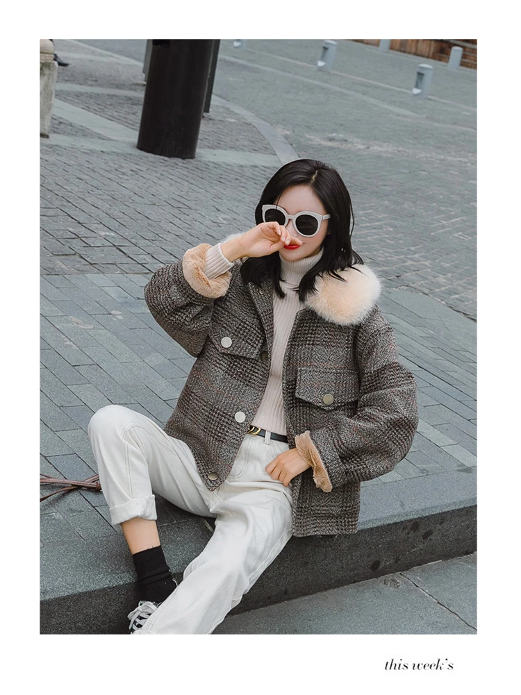 Pocket Trend Joint Elegant Fashion Casual Single Row Multi-buckle Winter Plaid Woolen Coat