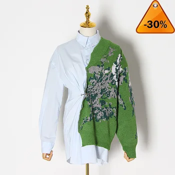 

Hit Color Patchwork Kitting Shirts Female Lapel Collar Long Sleeve High Waist Tunic Irregular Blouses Women Fashion