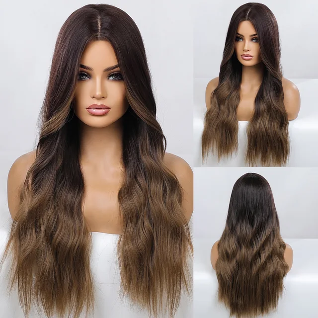 HENRY MARGU Dark Brown Wave Wigs Long Synthetic Wavy Natural Hair Temperature Wigs For Black/White Women Daily Cosplay Wigs LC179-1