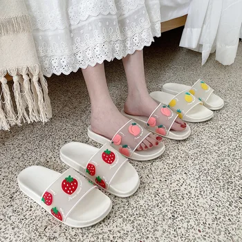 

Women Korean Style Cartoon Fruits Transparent Slippers Joker Outer Wear Flat Non-slip Indoor Female Slippers Concise Comfortable