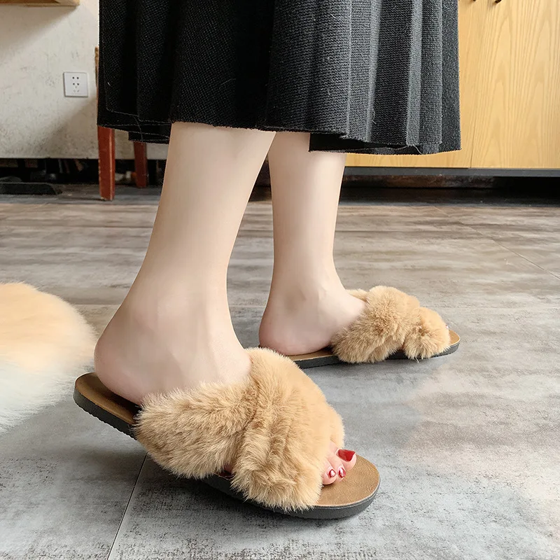 

New Style Fashion Women's Wool Sleeper Rabbit Fur Flat Anti-slip Soft-Sole Fluffy Shoes Cross Belt Indoors And Outdoors Wear Sin