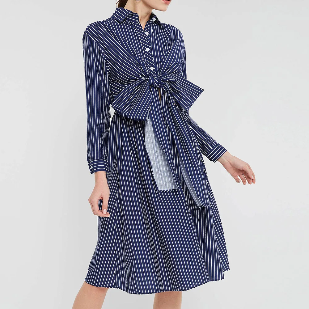 

Striped Dress Women 2019 Autumn Long Sleeve Korean Office Lady Bow Designer Casual Long Dresses Vestidos High Quality Robe