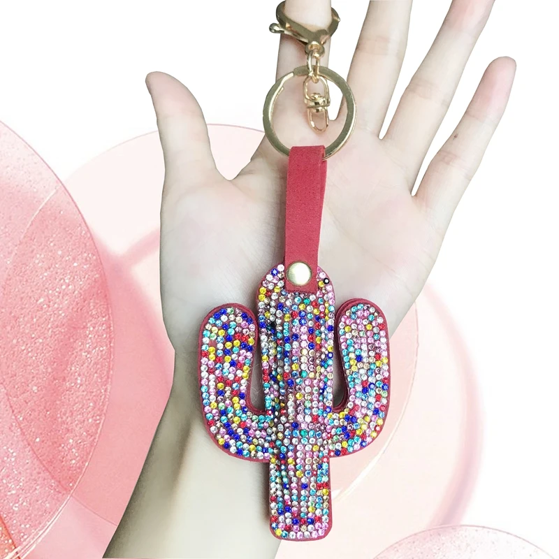 Cute Cactus Shiny Keychain Red Color Rhinestone Tassel Key Chain Keychains For Women Car Bag Accessories Pendant Simple Key Ring