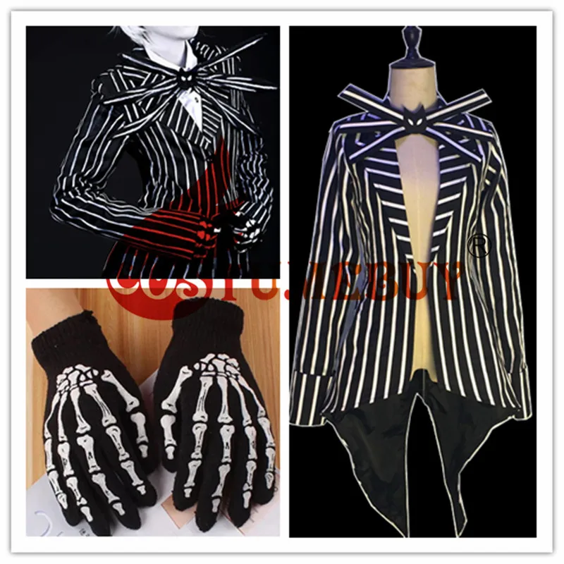 Costumebuy Кошмар перед Рождеством Косплей Джек Скеллингтон костюм черная полосатая куртка пальто вечерние изготовленный на заказ костюм для Хэллоуина