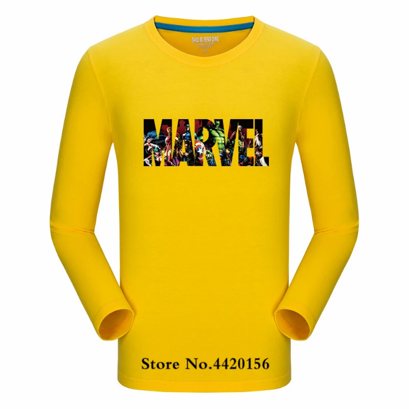 Pop Tide, новая модная футболка Marvel с длинным рукавом, мужской принт супергероев, футболка с круглым вырезом, комическая футболка с надпись Marvel, топы, Мужская одежда, футболка - Цвет: yellow-CaiSe