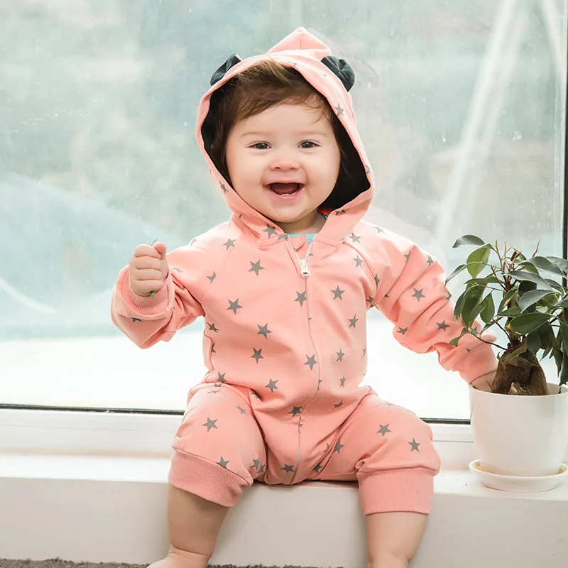 

Clothes for Babies 2018 Spring Hooded Little Star Baby One-piece Romper Open Front Zipper Small Ears Baby Crawling Clothes