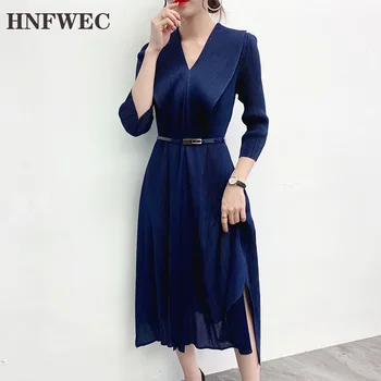 

High qualty pleated Dress for Woman 2020 spring summer new Temperament Longuette v collar clothing with belt V271