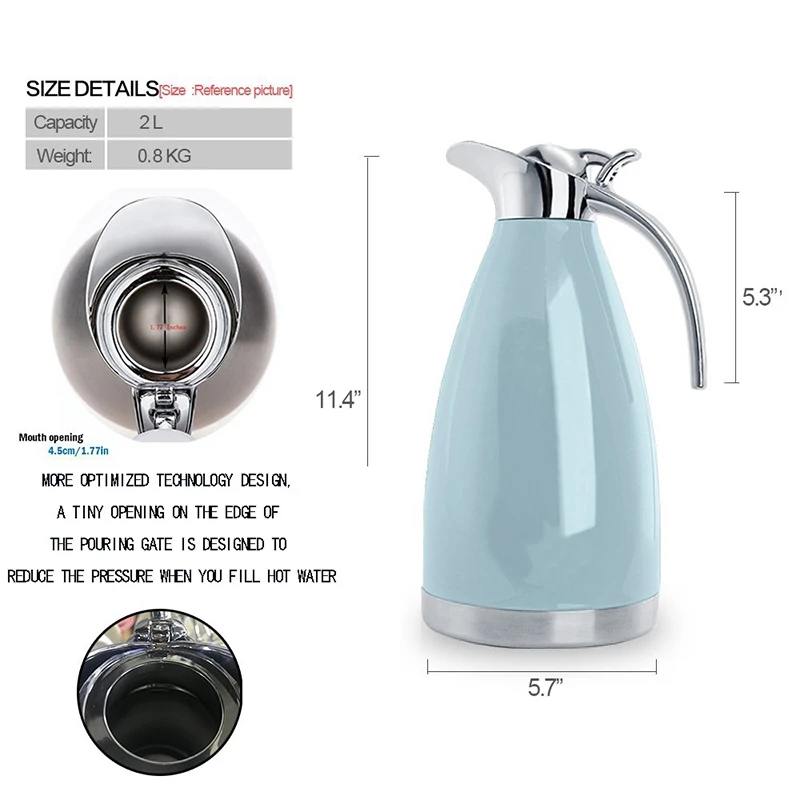 

Hot New 2L Stainless Steel Coffee Thermal Carafe/Double Walled Vacuum Insulated/24 Hour Heat Retention(Blue)
