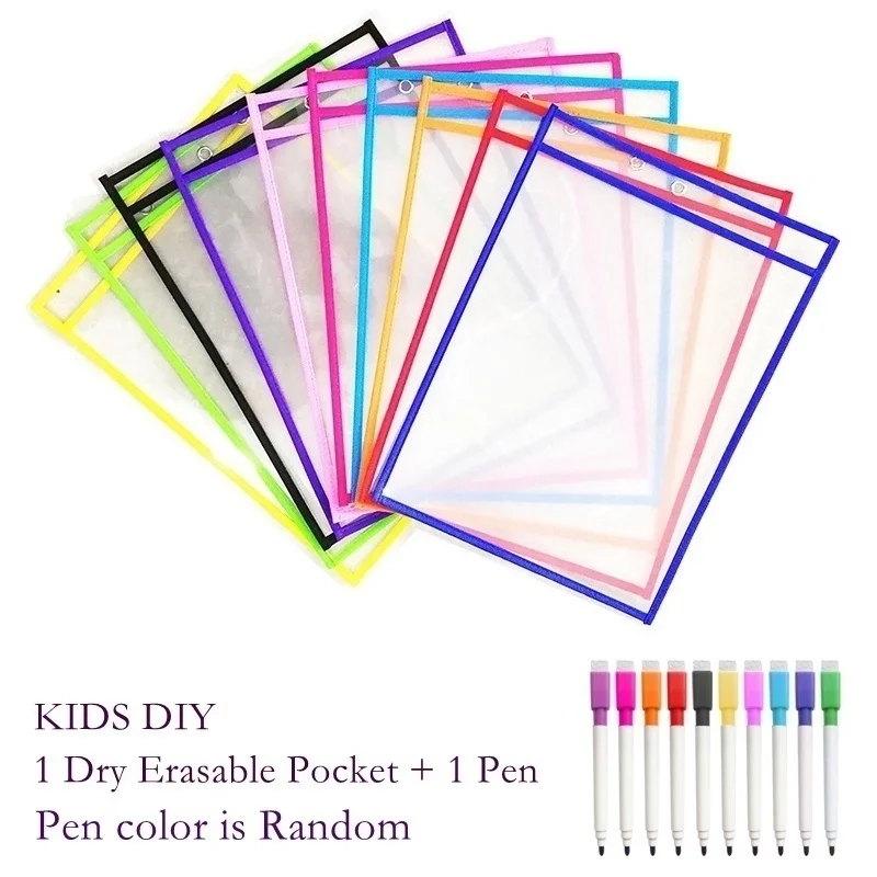 Bolsillos de archivo reutilizables de PP con bolígrafo para niños, limas en seco borrables con bolsillos A4/colgante de letras, utilizado para suministros de enseñanza