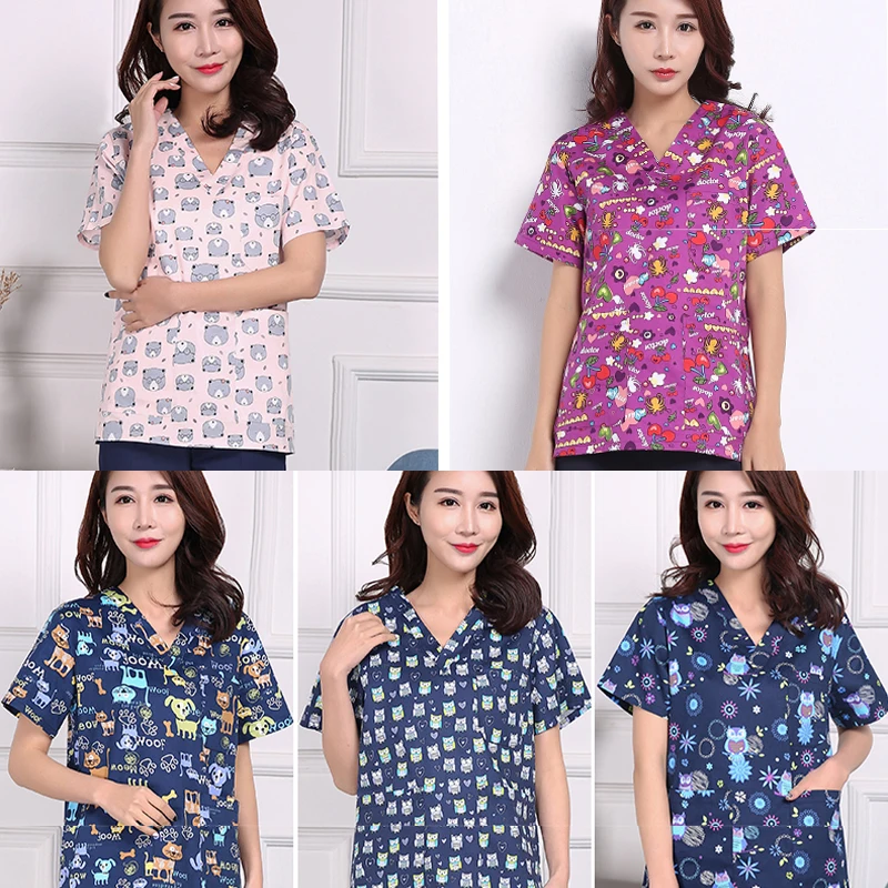 Print Women's Scrub Top V Neck 5 Colors Short Tunic 100 Cotton Nurse