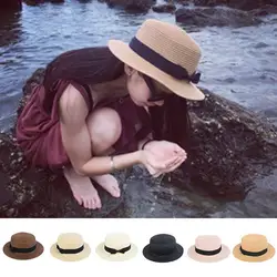 MJartoria Классическая соломенная плоская Солнцезащитная шляпа с бантом женская летняя модная пляжная шляпа Женская Повседневная шляпа