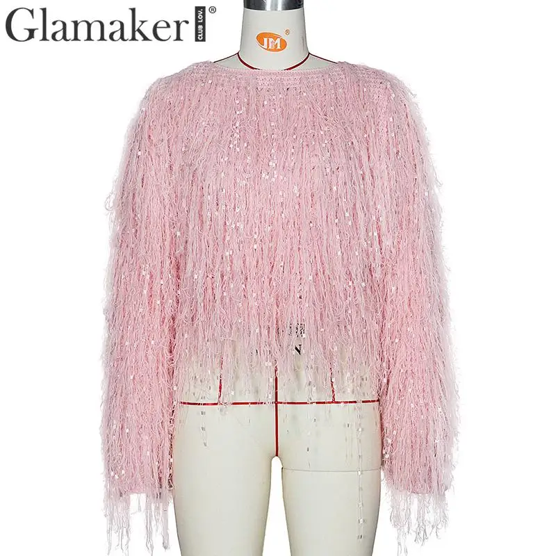 Glamaker, сексуальные, с блестками, вечерние, для клуба, короткий женский свитер, осенняя мода, длинный рукав, кисточка, джемпер, свободный, розовый, теплый, вязаный, пуловер
