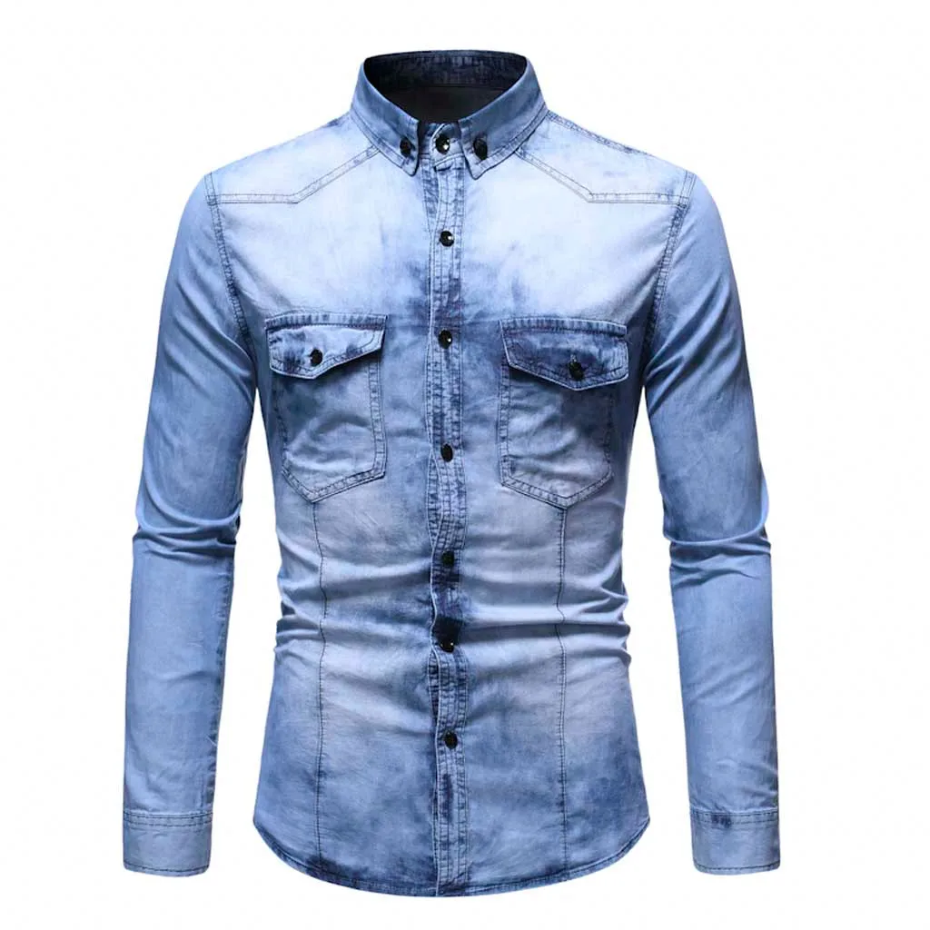 Light Blue KANCOOLD, Мужская модная Повседневная рубашка, мужская рубашка, контрастная, цветная, на пуговицах, джинсовая рубашка с карманами, топ, блузка Nov12 - Цвет: Light Blue