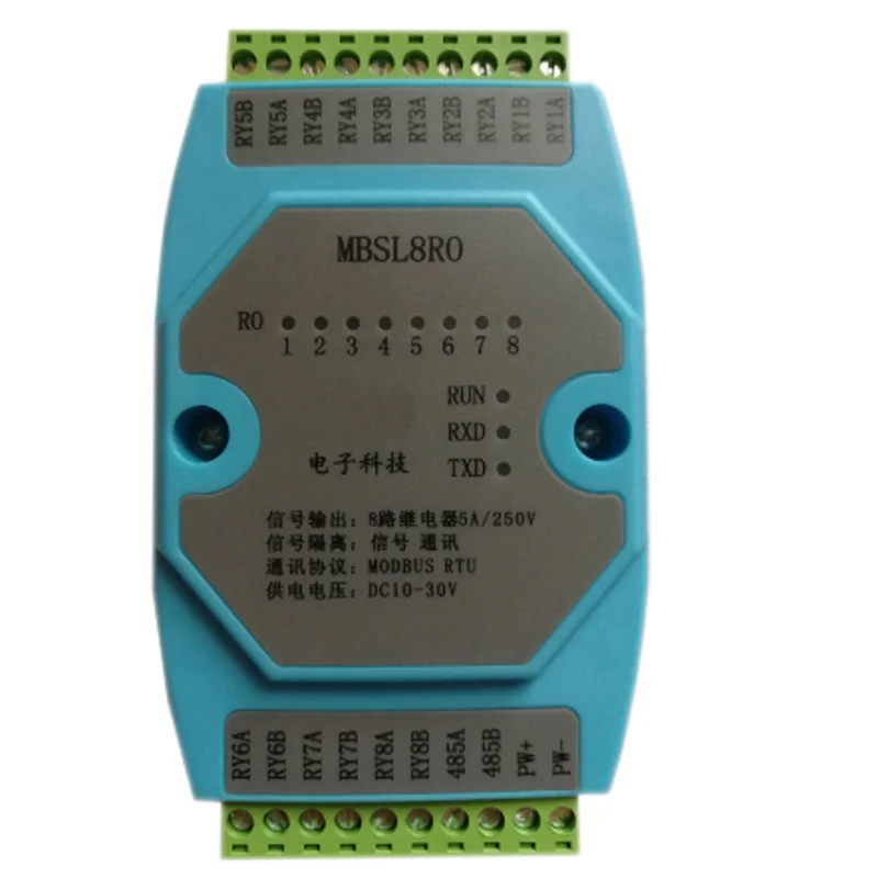 

Модуль MBSL8RO-это 8-канальный фотоэлемент, изолированный модуль связи RS485modbus
