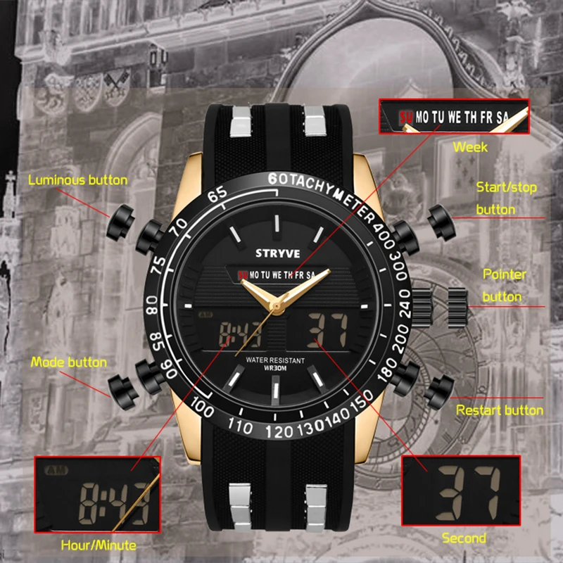 STRYVE Casual Watch Men Sport LED Digital Watch Waterproof Quartz Watches Men Luxury Brand Steel Band Relogio Masculino Clock