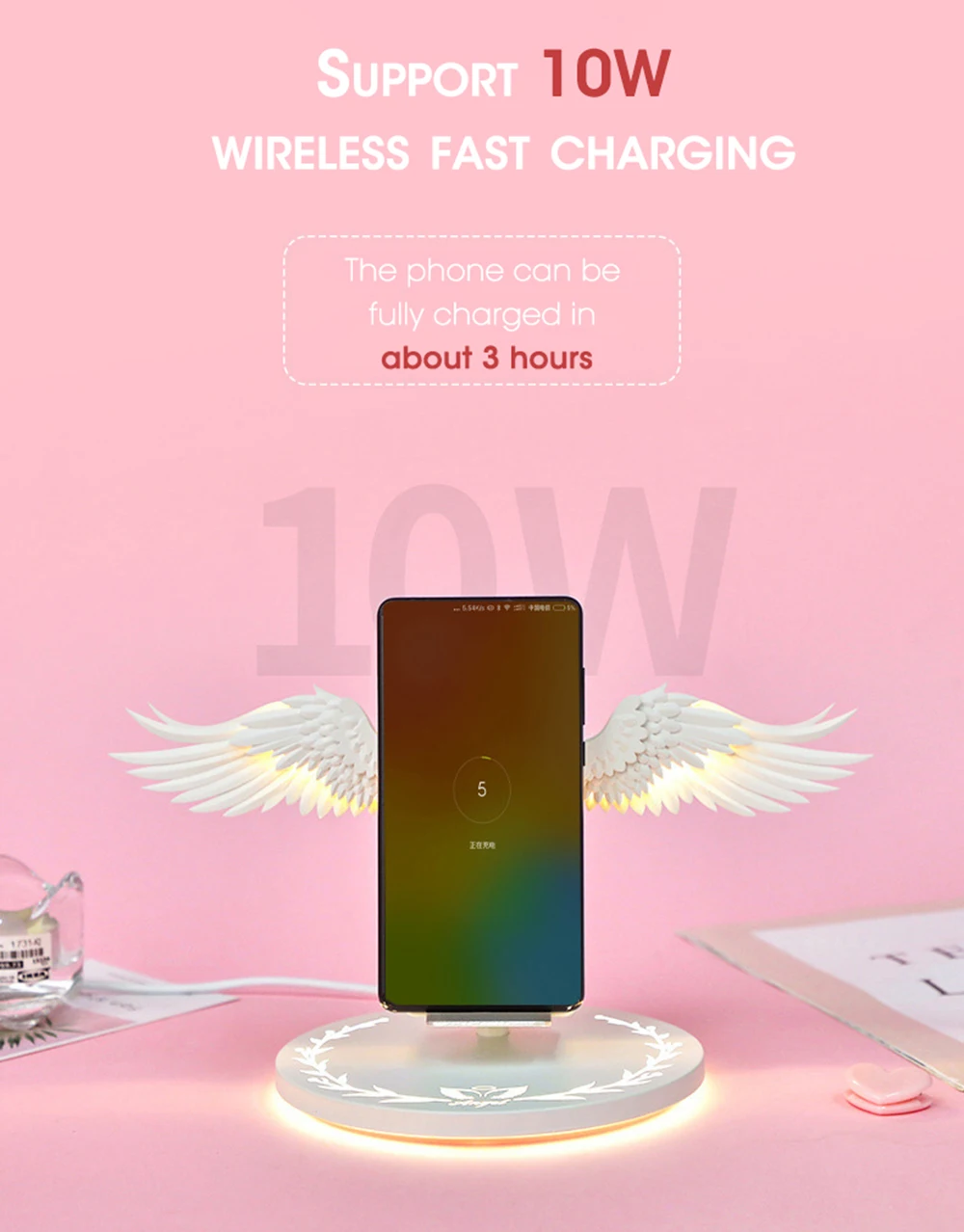 10 Вт Draadloze Oplader Engelenvleugels Nachtlampje Mobiele Telefoon Draadloze Oplader для Android, Apple USB Snel Opladen