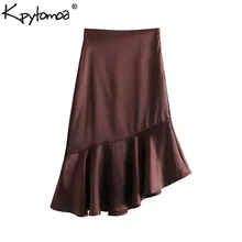 Винтажное элегантное ассиметричное миди-юбка с оборками Женская мода года, офисная одежда на молнии сбоку женские юбки Повседневные Faldas Mujer
