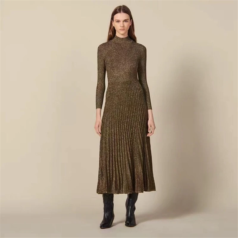 Туника Облегающая водолазка однотонное платье для женщин Vestido Longo люрекс вязаный халат элегантный облегающий пуловер Джемпер с длинными рукавами
