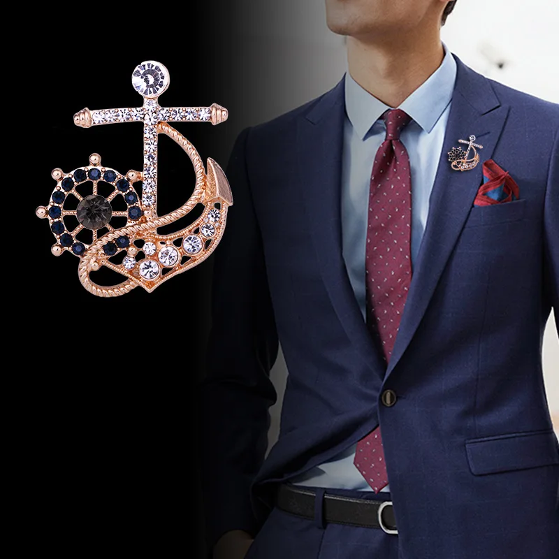 New Fashion Crystal Anchor Rudder Brooch Men's Suit Shirt Lapel Pin and Brooches Jewelry Luxury Badge Women Men Accessories