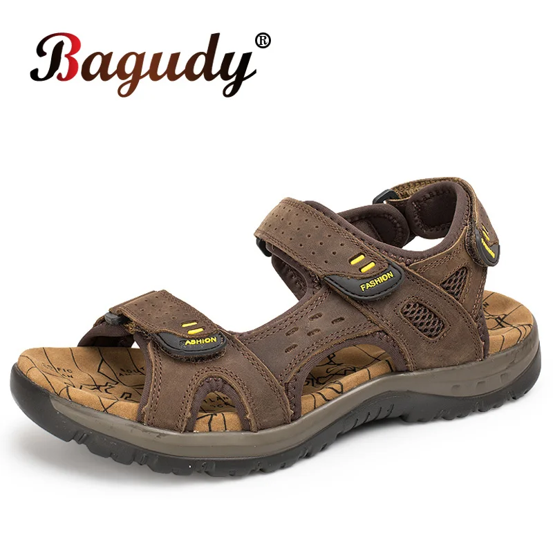 

New Fashion Summer Genuine Leather Men Sandals Quality Beach Slippers Casual Men Shoes Outdoor Breathable Beach Shoes Size 38-48