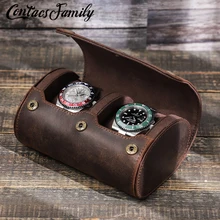 

Vintage Leather 2 Slots Watch Roll Travel Case Chic Portable Display Watches Men Storage Box with Slid in Out Watch Organizers