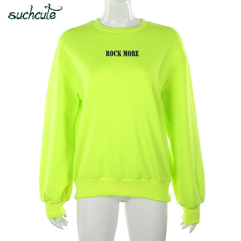 SUCHCUTE Women's Hoodies Neon Green Casual Lose Weight Hoody Top Sudadera Mujer Kpop O-Neck Autumn 2019 Female Gothic Sweatshirt