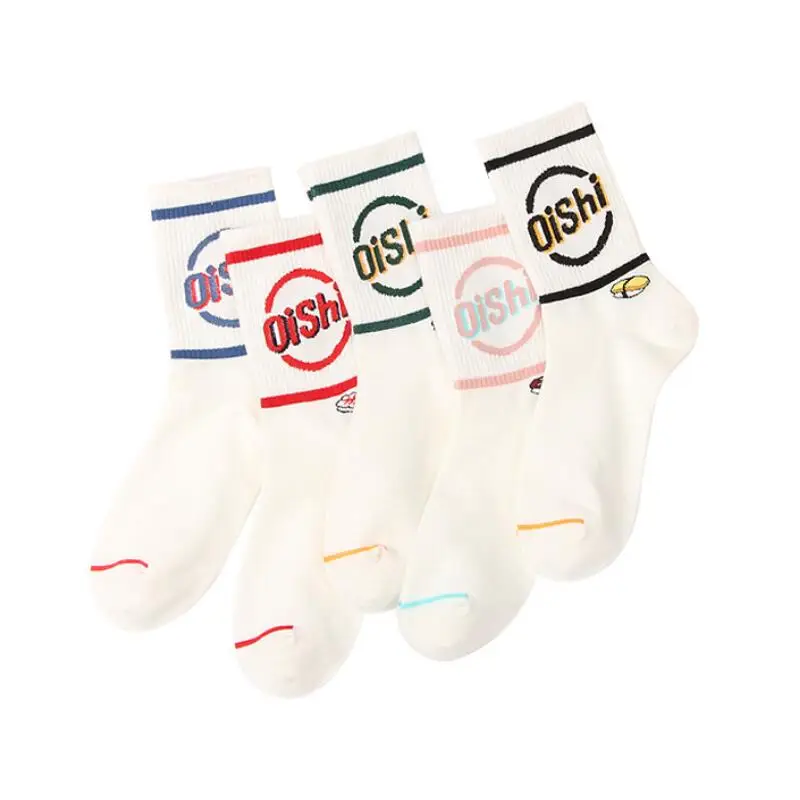 Женские однотонные белые хлопковые короткие носки с буквенным принтом, в полоску, с манжетами, спортивные носки для девочек, белые короткие зимние носки, 5 пар/лот