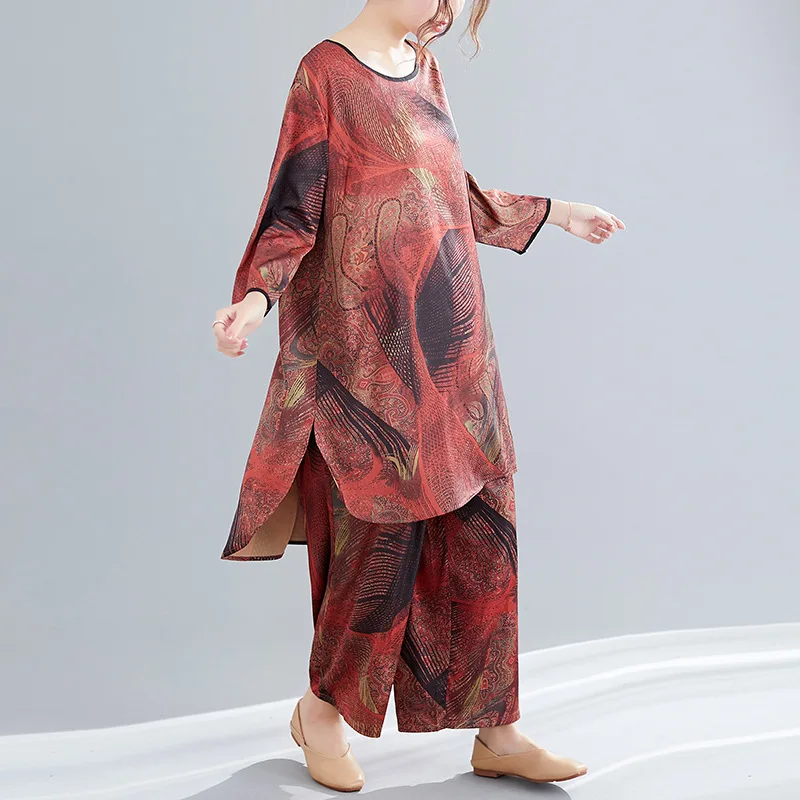 

Photo Shoot Spring And Summer Two-Piece Faux Silk Tops Mid-length Fat Mm Large Size Dress Loose-Fit Capri Pants Set