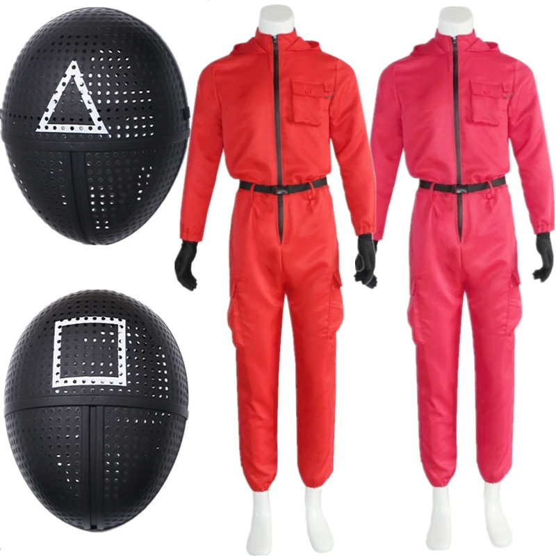 Best Deal Squid Game NPC Red Jumpsuit Uniform Black Mask Cosplay Costume Halloween Party Prop Adult