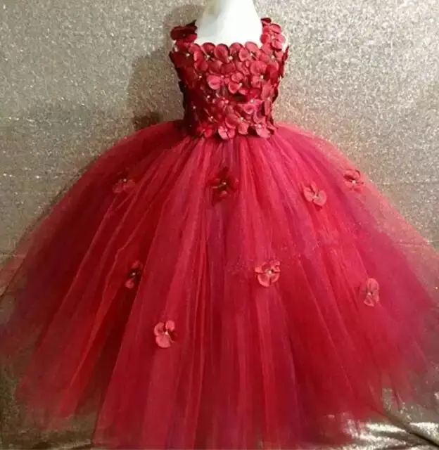 Girls Pink Fairy Flower Petals Tutu Dress Kids Crochet Tulle Dress Long Ball Gown Children Wedding Party Costume Evening Dresses girls dress princess costume kids clothes