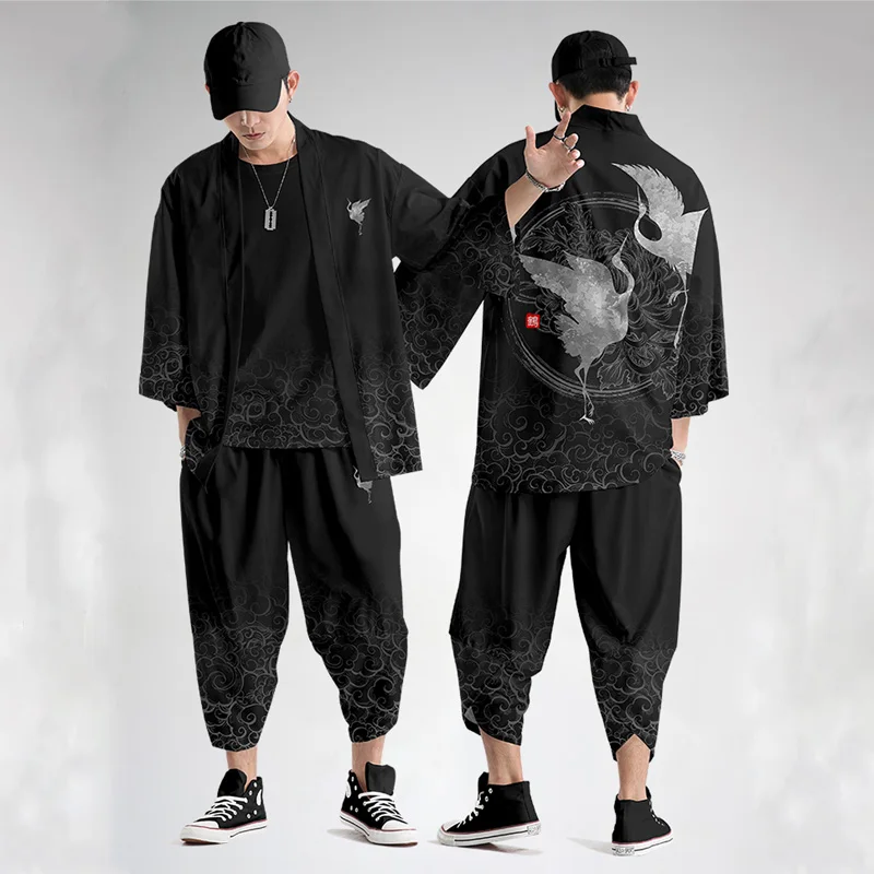 Large Size Kimono Harajuku Print Crane 3d Japanese Cardigan for Men Women Loose Robe 3/4 Sleeves Samurai Costume Streetwear |