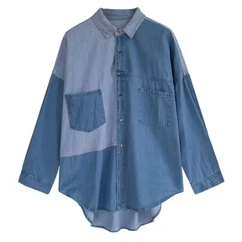 

Women Tops and Blouses 2019 Patchwork Denim Blue Casual Buttons Down Shirts Bat Sleeve Blusas Plus Size 2014