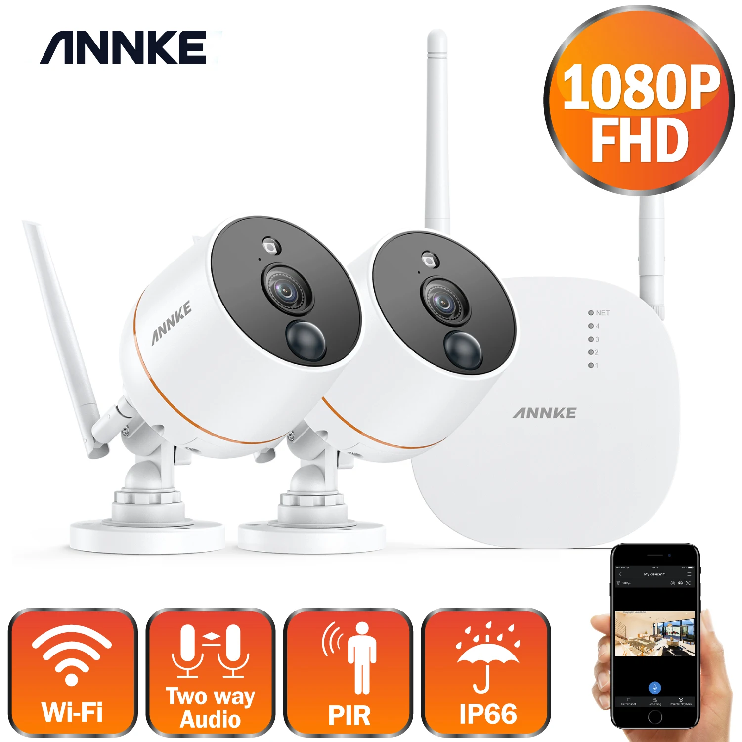 ANNKE 1080P 4CH FHD мини беспроводная система видеонаблюдения Wifi 2шт 2МП ip камера