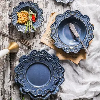 

Retro Ceramic Tableware Home Tableware Plate Bowl Of Rice Soup Noodle Dessert Plate Pattern Embossed Design European Classic