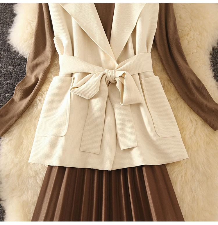 Autumn Winter Dress Suit Women Elegant Beading Long Sleeve Knit Bodycon Mid-Calf Long Sweater Dress Set Casual Spring