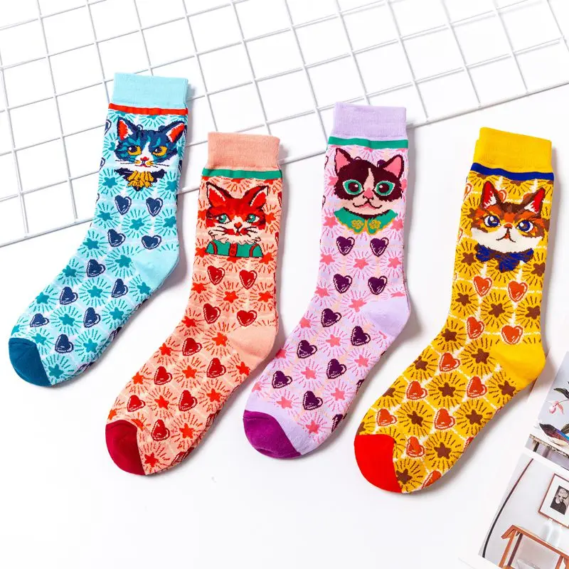 Cute Women Socks Cat Cartoon Print Soft Cotton Lovely Girls Anime Socks Christmas Gifts Funny Middle Socks Harajuku Japanese Hot