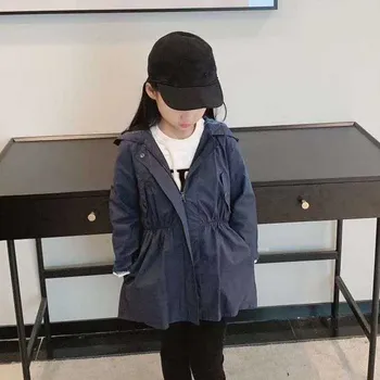 

Per-sale Ship In The End of September 2020 New Autumn Toddler Girls Drawstring Waist Trench Coat Full Print Hooded Jacket Coat