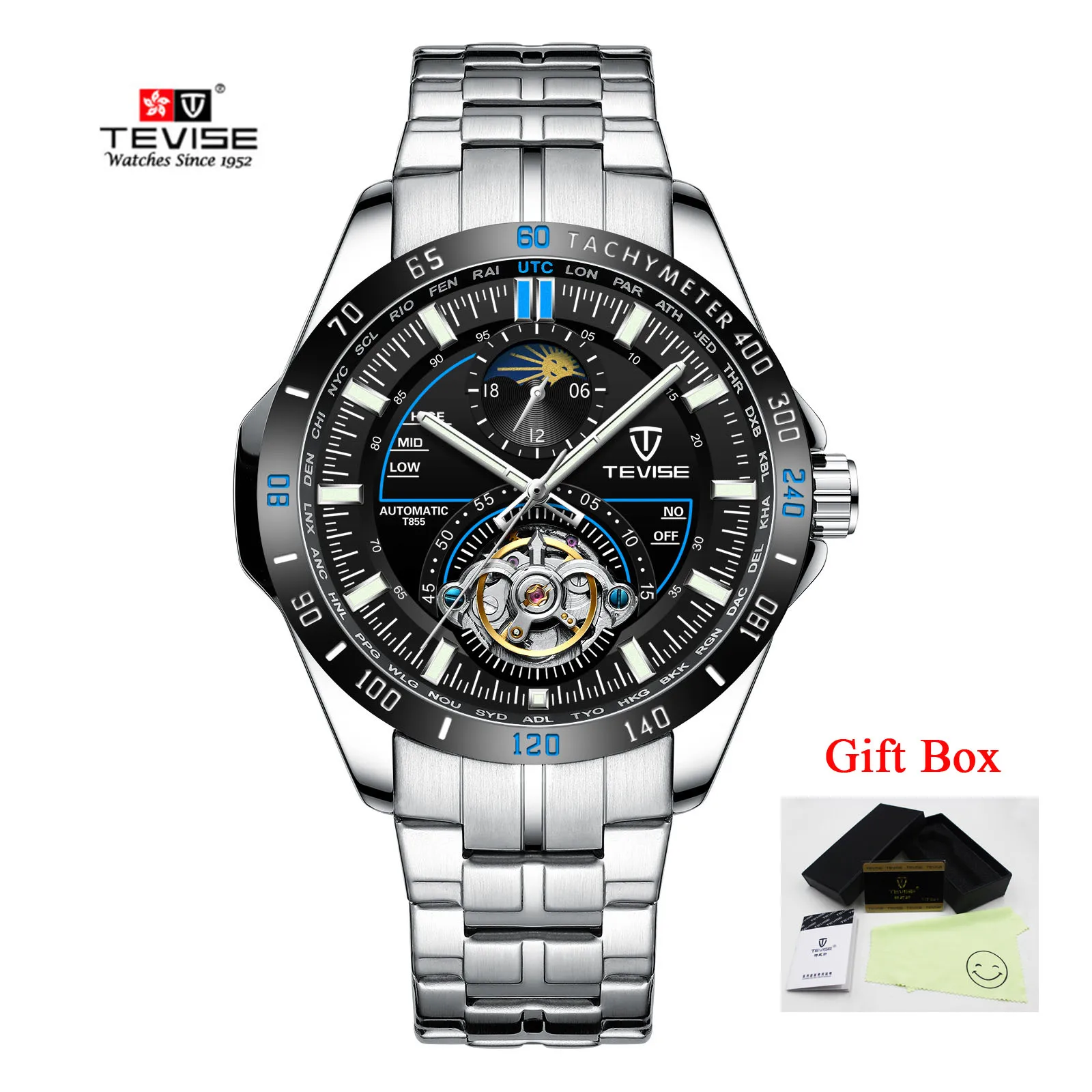 Tevise мужские водонепроницаемые автоматические механические часы мужские спортивные часы с самообмоткой наручные часы Relogio Masculino - Цвет: blue black